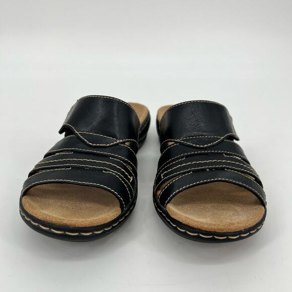 Clarks Comfort Slide Sandals Womens 7M Black Leather White Whip Stitch Open Toe - Picture 2 of 9